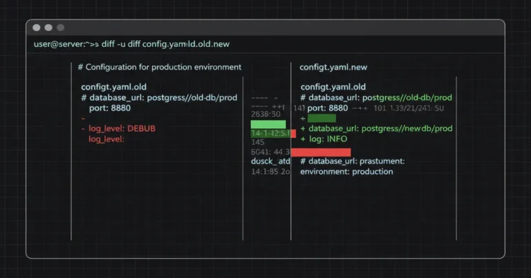 › how-to-use-diff-command-in-linux Linux terminal showing diff command output comparing two files with highlighted changes