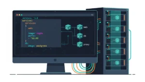 › how-to-use-docker-compose-in-linux Docker Compose YAML configuration on a Linux terminal with connected container icons