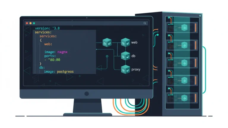 › how-to-use-docker-compose-in-linux Docker Compose YAML configuration on a Linux terminal with connected container icons
