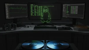 Linux terminal showing fdisk partition commands with disk drive visualization
