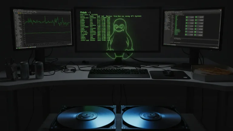 how-to-use-fdisk-in-linux › how-to-use-fdisk-in-linux Linux terminal showing fdisk partition commands with disk drive visualization
