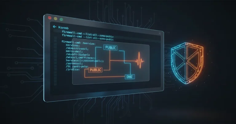 › how-to-use-firewalld-in-linux Linux terminal showing firewalld commands with zone diagram and security shield