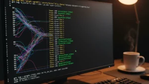 how-to-use-git-on-linux › how-to-use-git-on-linux Linux terminal displaying git log output with colorful branch graph visualization on a developer workspace