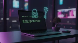 Terminal showing GPG encryption commands on a Linux desktop with lock and key icons
