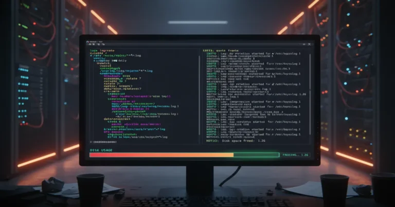 how-to-use-logrotate-linux › how-to-use-logrotate-linux Linux terminal showing logrotate configuration for automated log management