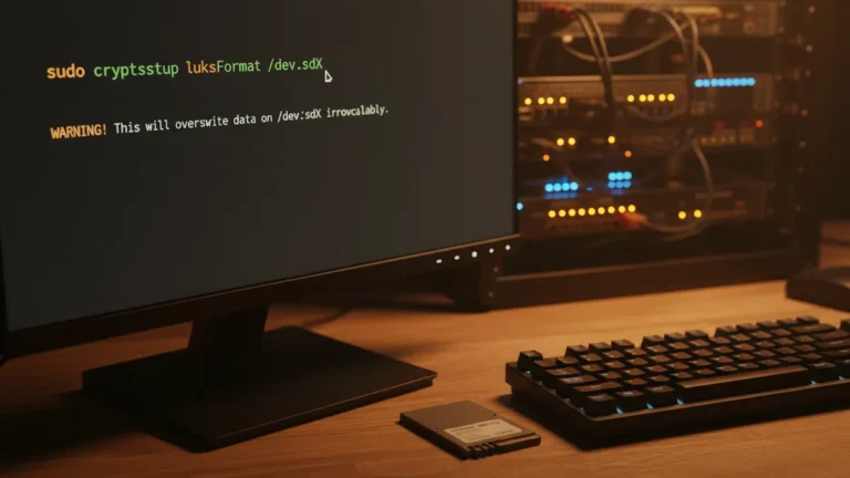 how-to-use-luks-disk-encryption-linux › how-to-use-luks-disk-encryption-linux Linux terminal running cryptsetup luksFormat for LUKS disk encryption with SSD and homelab in background