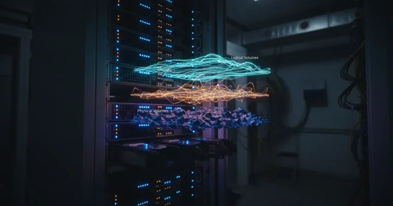 how-to-use-lvm-in-linux › how-to-use-lvm-in-linux Linux server with hard drives illustrating LVM storage management layers