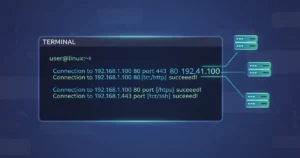 Linux terminal showing netcat nc command for network connection testing and port scanning