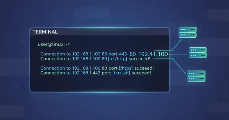 › how-to-use-netcat-command-in-linux Linux terminal showing netcat nc command for network connection testing and port scanning