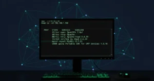 Terminal screen showing nmap network scan results with open ports and services detected on a Linux system