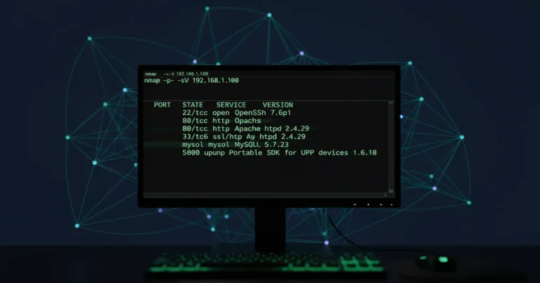 how-to-use-nmap-command-in-linux › how-to-use-nmap-command-in-linux Terminal screen showing nmap network scan results with open ports and services detected on a Linux system