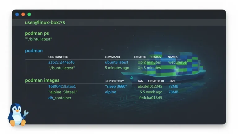 how-to-use-podman-in-linux › how-to-use-podman-in-linux Linux terminal showing Podman container commands with penguin mascot and container ship illustration