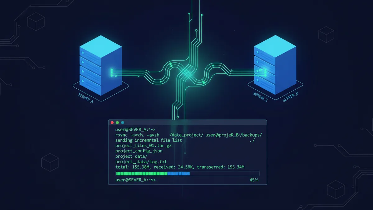 › how-to-use-rsync-in-linux Linux terminal showing rsync file synchronization between local and remote servers