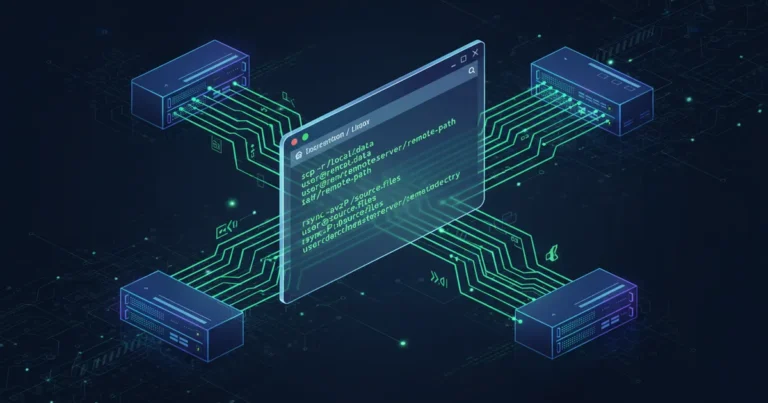 how-to-use-scp-command-in-linux › how-to-use-scp-command-in-linux Linux terminal showing SCP command transferring files securely between servers
