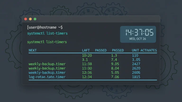 how-to-use-systemd-timers-in-linux › how-to-use-systemd-timers-in-linux Linux terminal showing systemd timer commands with clock overlay representing scheduled task automation
