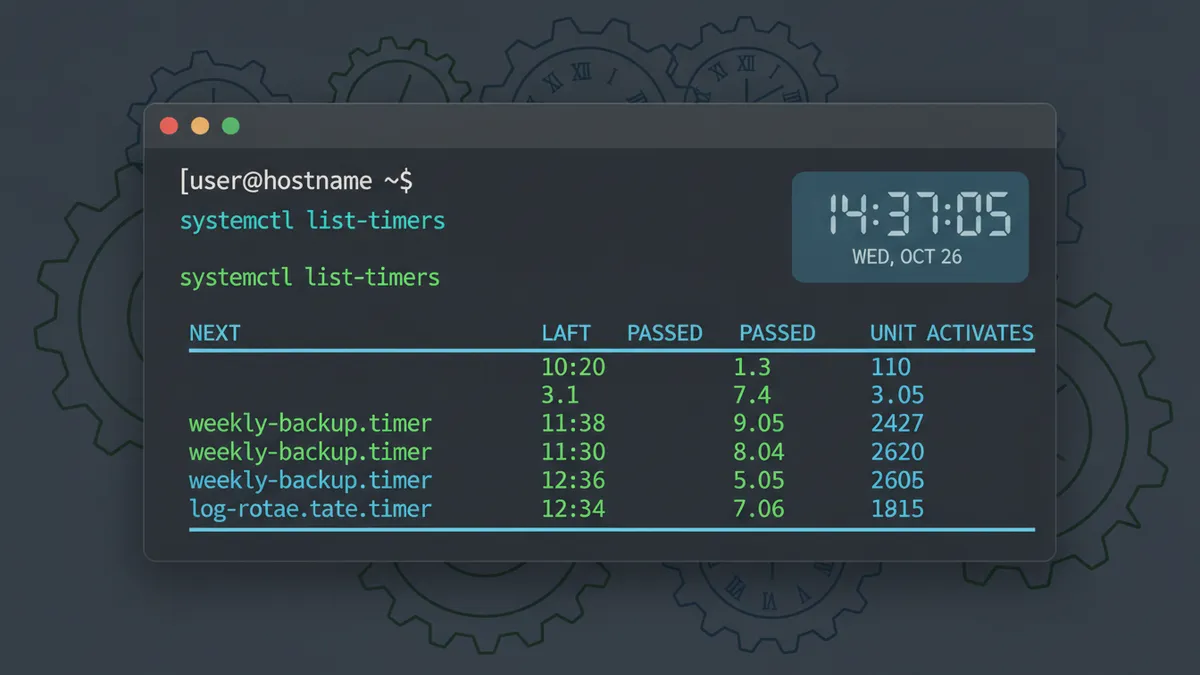 › how-to-use-systemd-timers-in-linux Linux terminal showing systemd timer commands with clock overlay representing scheduled task automation