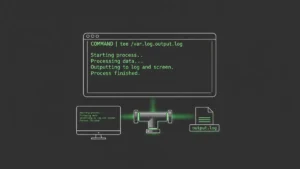 › how-to-use-tee-command-in-linux Linux terminal showing tee command splitting output to file and screen simultaneously