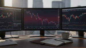 inverted-yield-curve-explained › inverted-yield-curve-explained An inverted yield curve chart displayed on a trading desk monitor with morning coffee and notebook, illustrating the recession signal investors watch