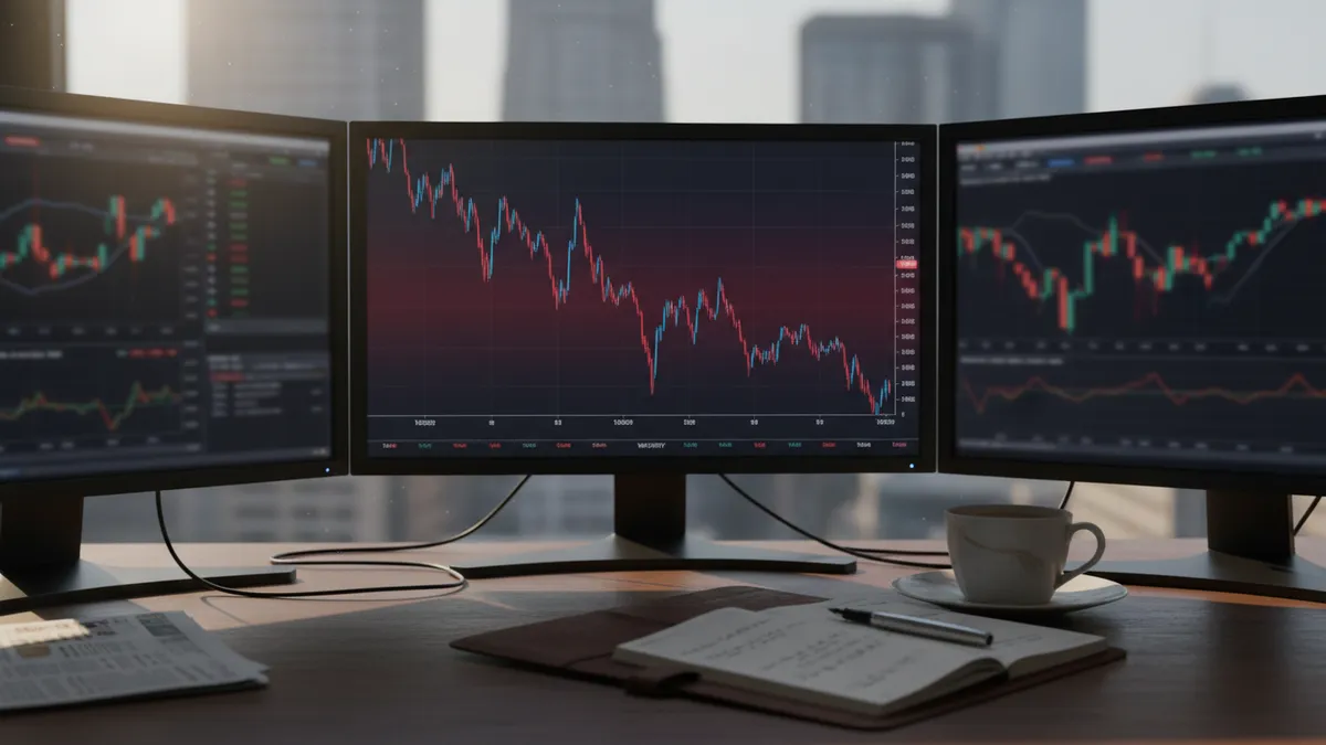 inverted-yield-curve-explained โบ inverted-yield-curve-explained An inverted yield curve chart displayed on a trading desk monitor with morning coffee and notebook, illustrating the recession signal investors watch