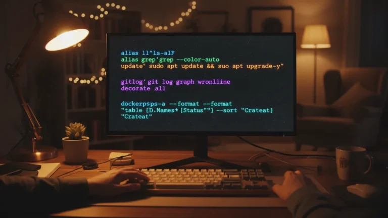 › linux-bash-aliases Linux terminal displaying bash alias commands on a dark screen with a mechanical keyboard in a cozy home office setup