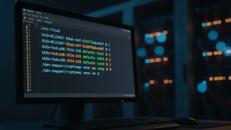 › linux-fstab-explained Linux terminal showing an /etc/fstab configuration file with UUID-based mount entries and ext4 filesystem options on a dark sysadmin workstation