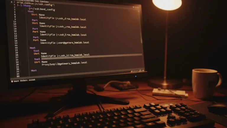 linux-ssh-config-file › linux-ssh-config-file Linux terminal showing an SSH config file with Host blocks, IdentityFile, and ProxyJump directives in a dark theme editor