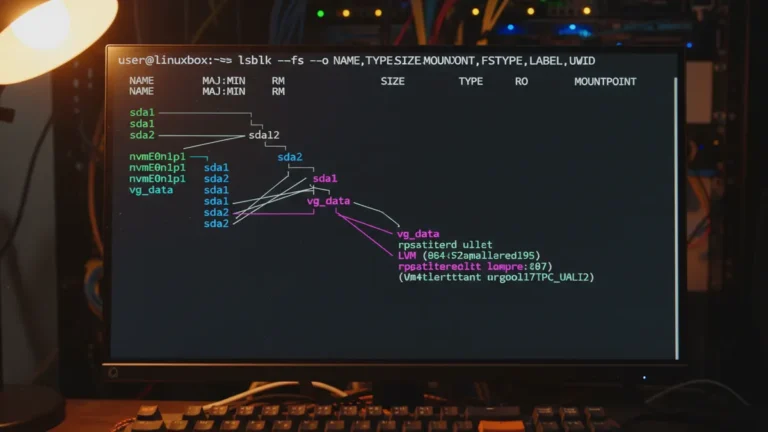 › lsblk-command-linux Linux terminal displaying lsblk command output with block device tree structure including sda, nvme0n1, and partitions