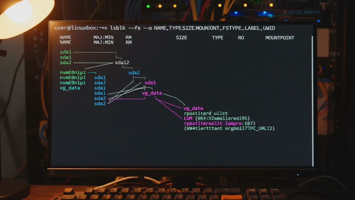 › lsblk-command-linux Linux terminal displaying lsblk command output with block device tree structure including sda, nvme0n1, and partitions