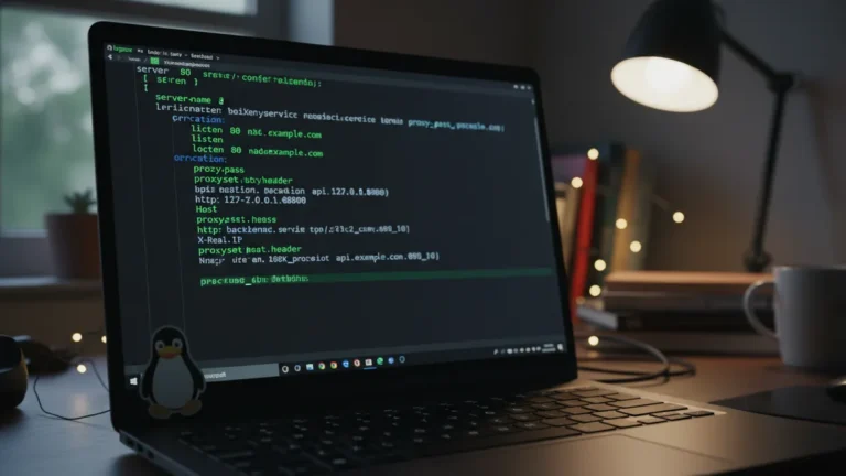 › nginx-reverse-proxy-linux Nginx reverse proxy configuration with proxy_pass directives displayed on a Linux terminal screen