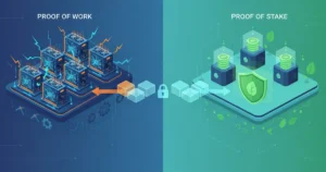 Proof of work vs proof of stake comparison illustration showing mining hardware and staking validators