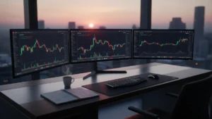 Solana ETF explained: trading desk showing spot SOL ETF charts and staking yield analysis