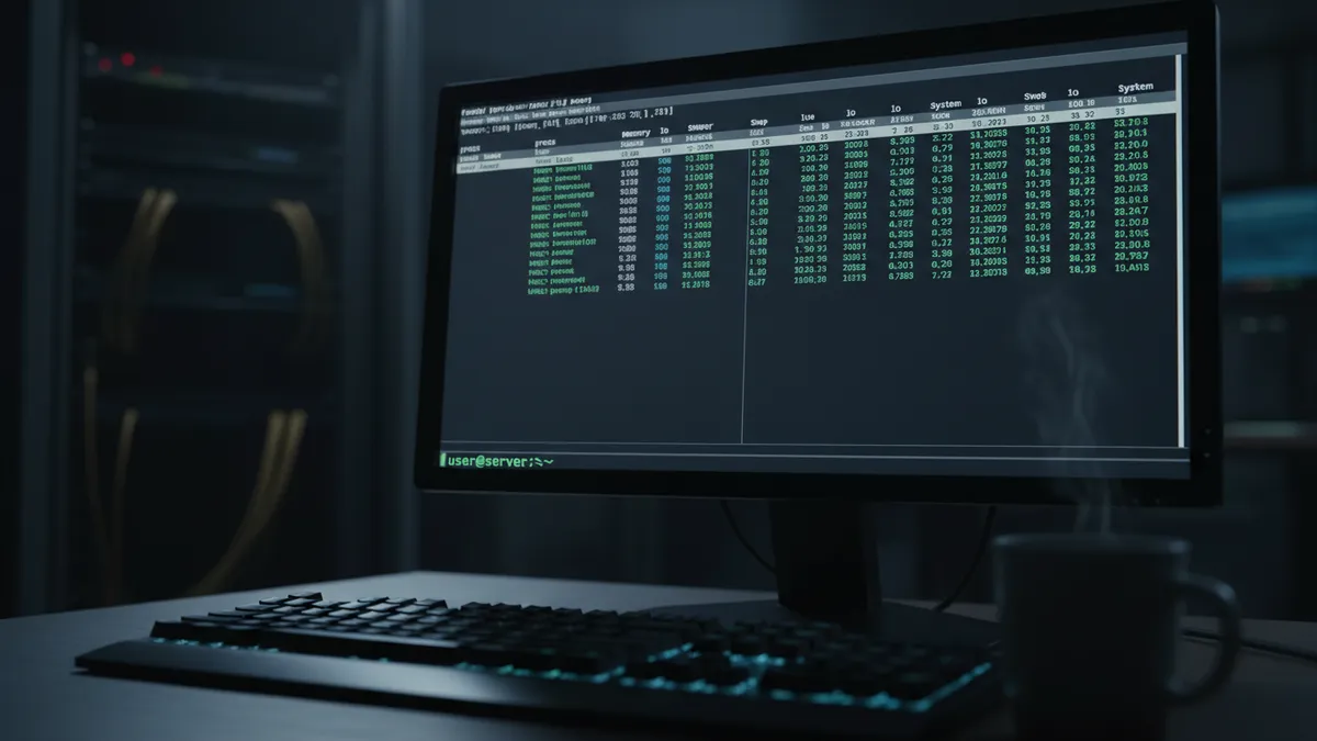 › vmstat-command-linux Linux terminal displaying live vmstat command output showing CPU, memory, swap, and I/O statistics