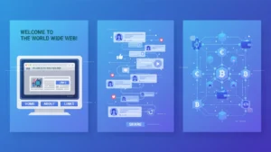 Visual evolution from Web1 static pages to Web2 social platforms to Web3 decentralized blockchain network
