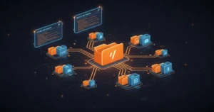Stylized illustration of Linux filesystem inode structure with interconnected nodes and data blocks
