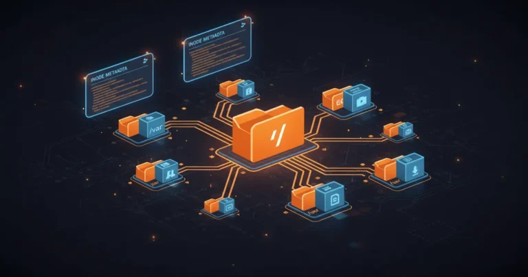 what-are-inodes-in-linux › what-are-inodes-in-linux Stylized illustration of Linux filesystem inode structure with interconnected nodes and data blocks