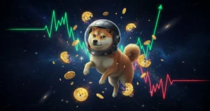 Meme coins in crypto illustrated with a Shiba Inu dog in a space helmet surrounded by falling cryptocurrency coins and volatile chart lines