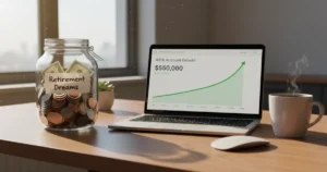 Retirement savings jar and laptop showing 401k account growth dashboard on a sunlit desk