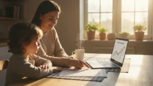what-is-a-529-plan › what-is-a-529-plan Parent and child reviewing a 529 college savings plan at a kitchen table with a laptop showing investment growth