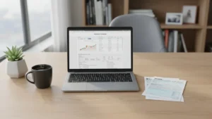 what-is-a-backdoor-roth-ira › what-is-a-backdoor-roth-ira Desk with laptop showing brokerage account, IRS Form 8606, and coffee mug representing the backdoor Roth IRA strategy