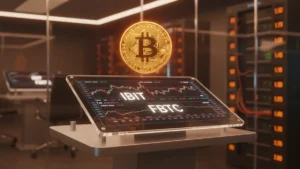 Bitcoin ETF concept showing BTC coin above stock trading terminal with IBIT and FBTC tickers