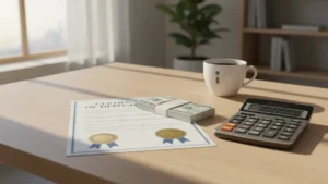 what-is-a-certificate-of-deposit › what-is-a-certificate-of-deposit A certificate of deposit document on a desk with cash and a calculator representing guaranteed fixed-rate savings