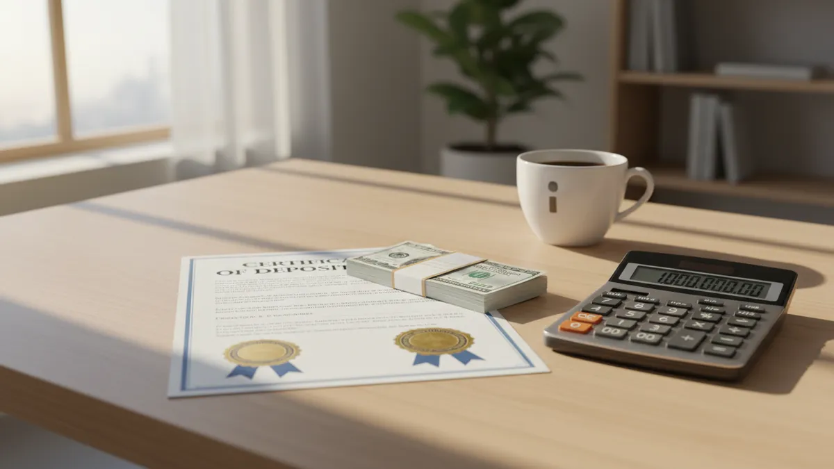 › what-is-a-certificate-of-deposit A certificate of deposit document on a desk with cash and a calculator representing guaranteed fixed-rate savings