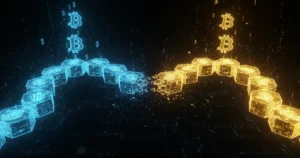 Blockchain splitting into two diverging paths representing a crypto fork