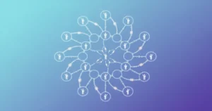 Decentralized autonomous organization DAO governance network illustration showing interconnected voting nodes on blockchain