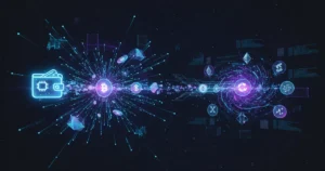 Decentralized exchange DEX concept showing crypto tokens being swapped through smart contract network