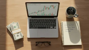 › what-is-a-money-market-fund Desk flat-lay with laptop showing financial chart, notebook, coffee, and cash representing money market fund research