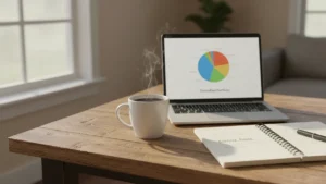 › what-is-a-mutual-fund Laptop displaying mutual fund portfolio pie chart on wooden table with coffee and notebook in morning light