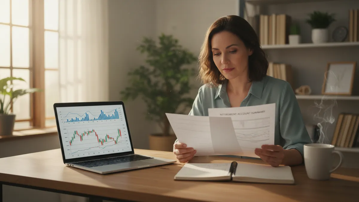› what-is-a-sep-ira Self-employed woman reviewing SEP IRA retirement account paperwork at her home office desk