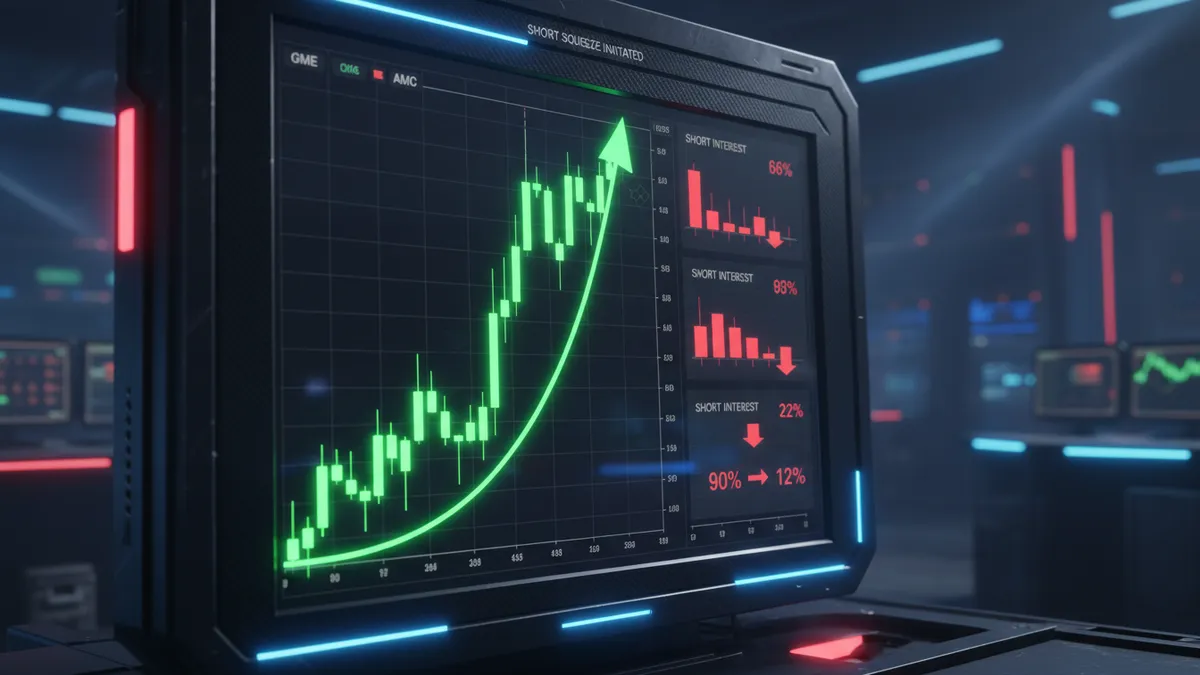 › what-is-a-short-squeeze Trading terminal displaying a vertical short squeeze price spike with cascading green candles and panic short interest indicators