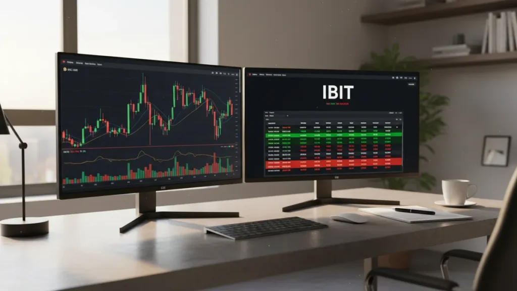 › what-is-a-spot-bitcoin-etf Trading desk showing a Bitcoin price chart next to the IBIT spot Bitcoin ETF ticker in the morning light
